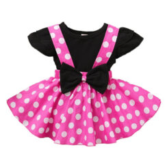 Dotted Pattern Suspender Dress with Ribbon Bow & Plain Color Top Short Sleeve