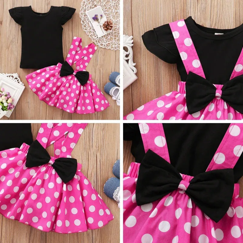 Dotted Pattern Suspender Dress with Ribbon Bow & Plain Color Top Short Sleeve - Image 3