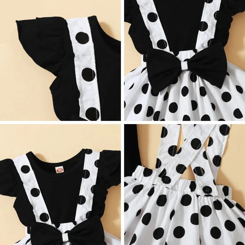 Dotted Pattern Suspender Dress with Ribbon Bow & Plain Color Top Short Sleeve - Image 2