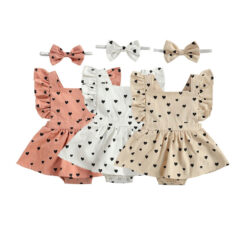 Hearts Pattern Open Back Dress Sleeveless with Diaper Cover & Ribbon Headband