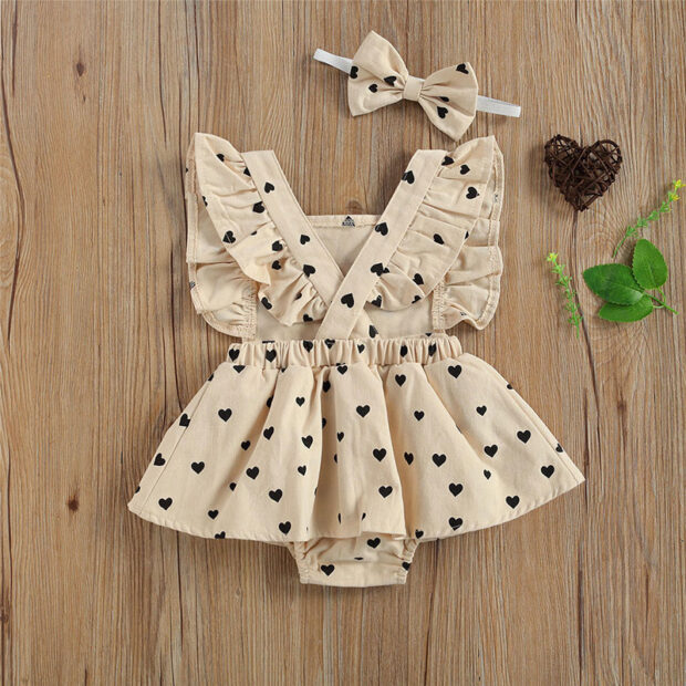 Hearts Pattern Open Back Dress Sleeveless with Diaper Cover & Ribbon Headband - Image 2