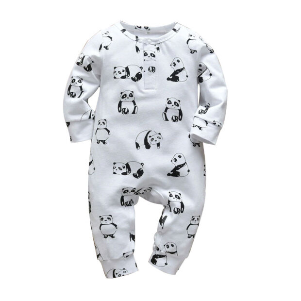 Baby Panda Print Sleepwear Henley Style Jumpsuit Long Sleeve