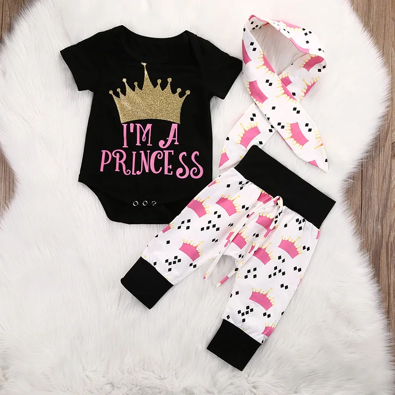 "I am a Princess" Crown Bodysuit Long Sleeves Pants Ribbon Headband - Image 2