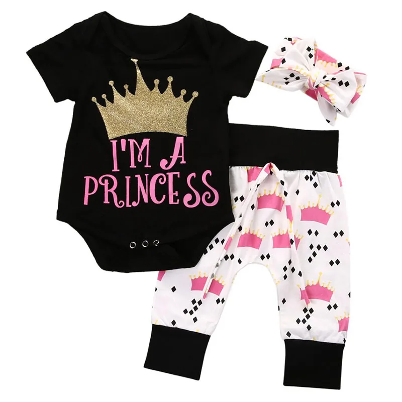 "I am a Princess" Crown Bodysuit Long Sleeves Pants Ribbon Headband