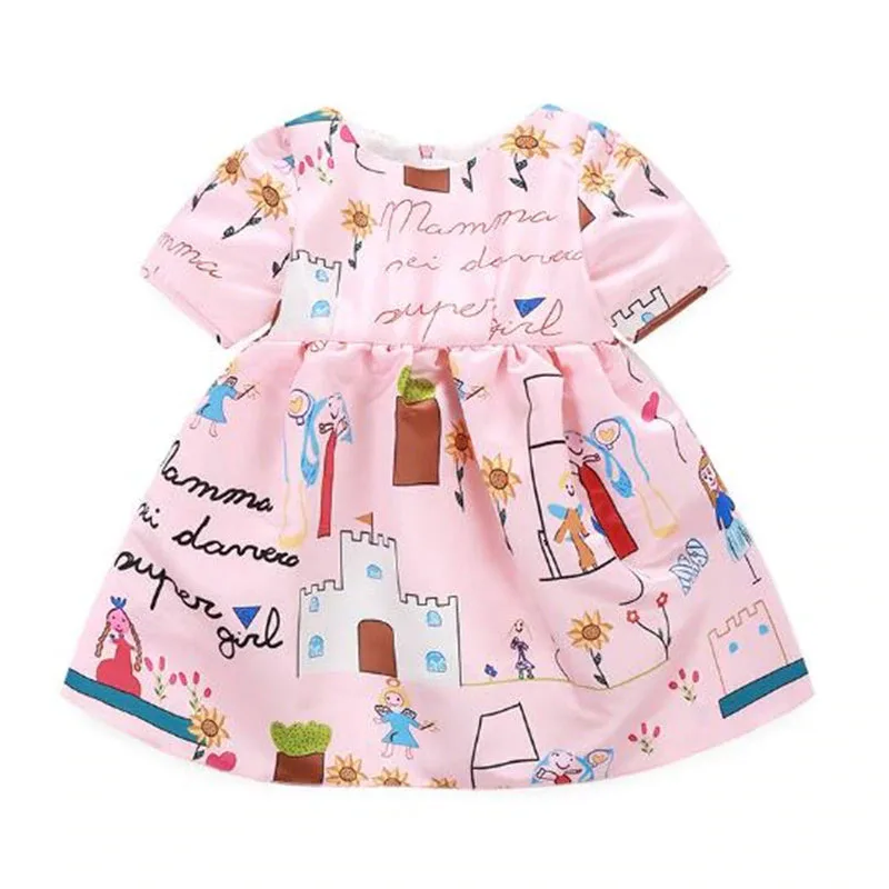 Toddler Girl Fantasy Castle Letter Drawing Print Short Sleeve Dress