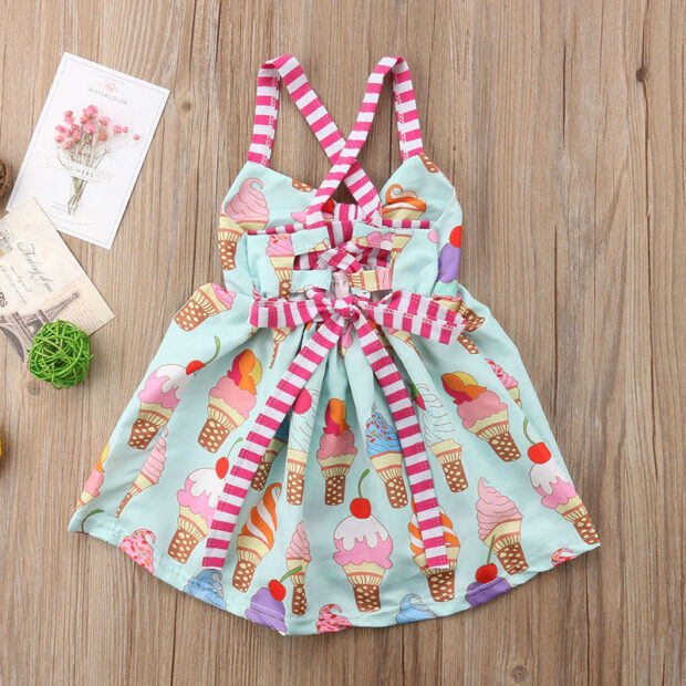 Toddler Girl Ice-Cream Print Mini Ribbon Dress Sleeveless - Image 2