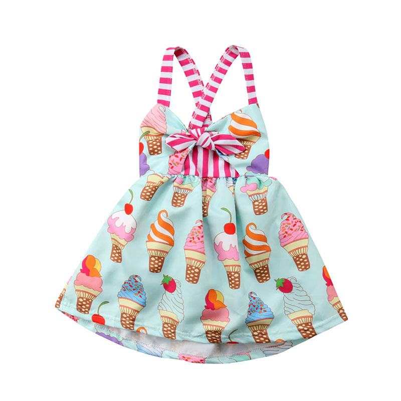 Multilist Ice Cream Print Baby Romper with Skirt Dress with Headband Bow NB-12M 