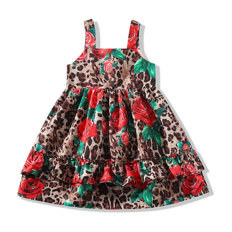 Toddler Girl Leopard & Rose Pattern Sleeveless Ruffled Dress Tiered Sundress