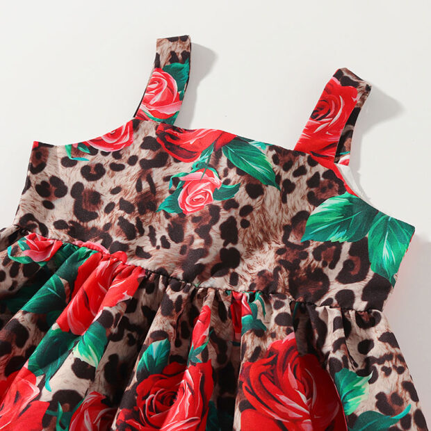 Toddler Girl Leopard & Rose Pattern Sleeveless Ruffled Dress Tiered Sundress - Image 3